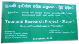 A sign indicating a pilot project for the forestation of coastal forests to prevent and reduce tsunami damage